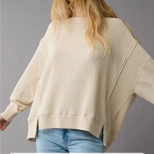 AE Big Hug Waffle Crew Neck Sweatshirt, size XS, color cappuccino (cream)